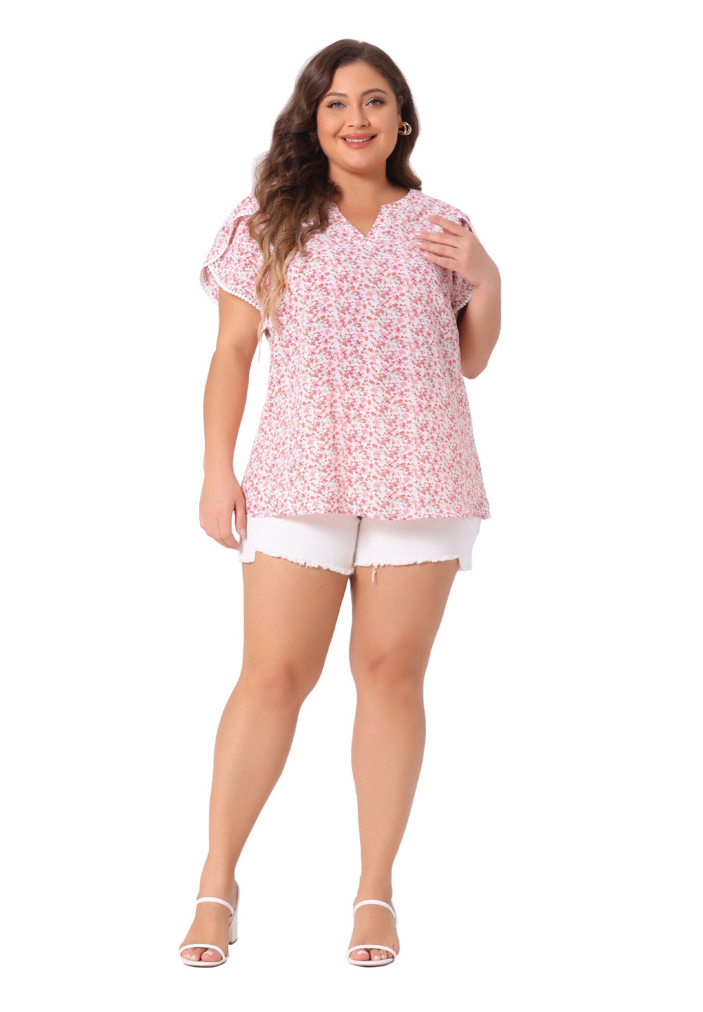Floral V Neck Tulip Sleeve Shirt Summer Top, Pink / Pink, hi-res image number 0