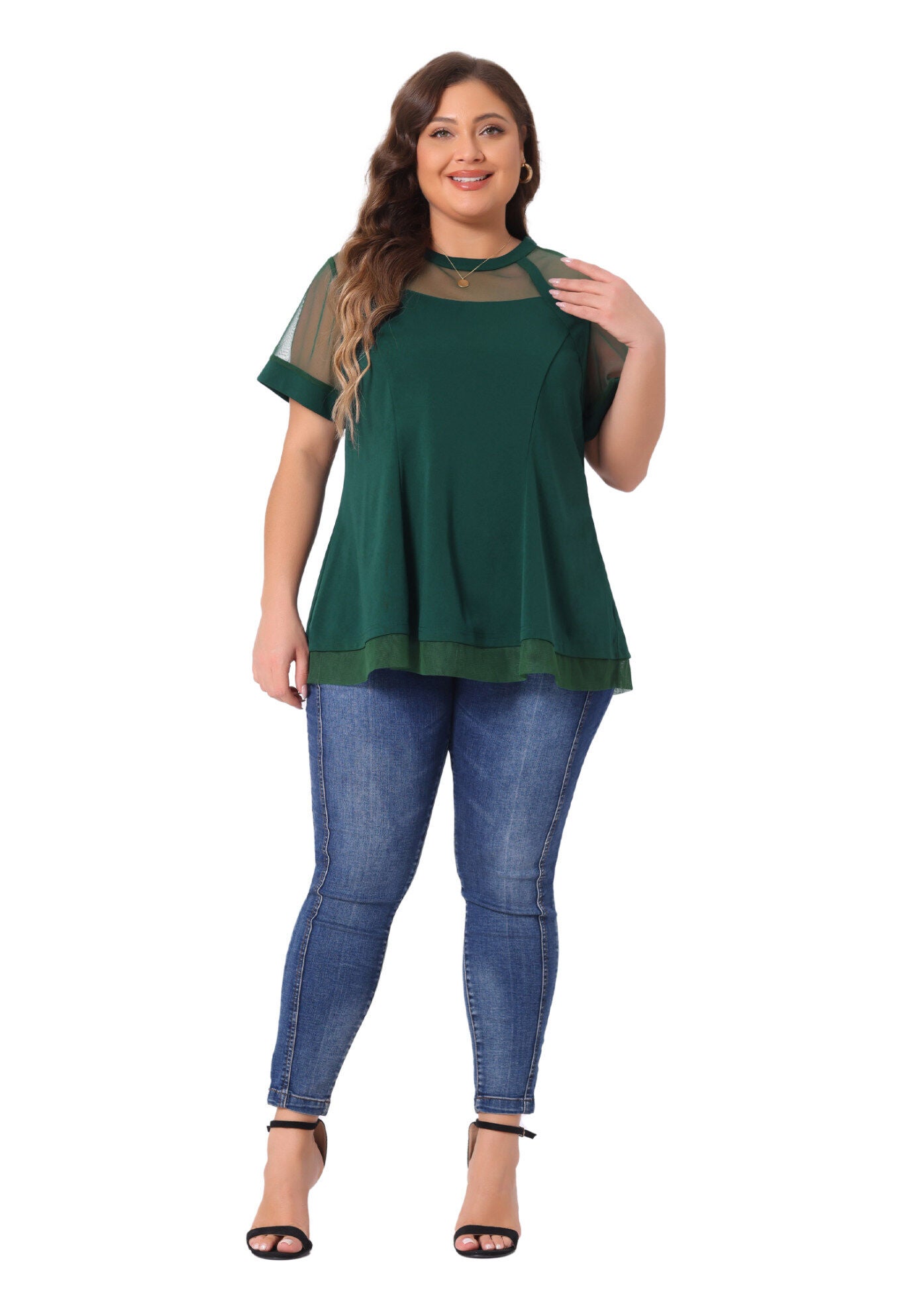 ROUND NECK SHORT SLEEVE MESH SHEER SUMMER PEPLUM TOP, Dark Green / Forest Green, hi-res image number 0