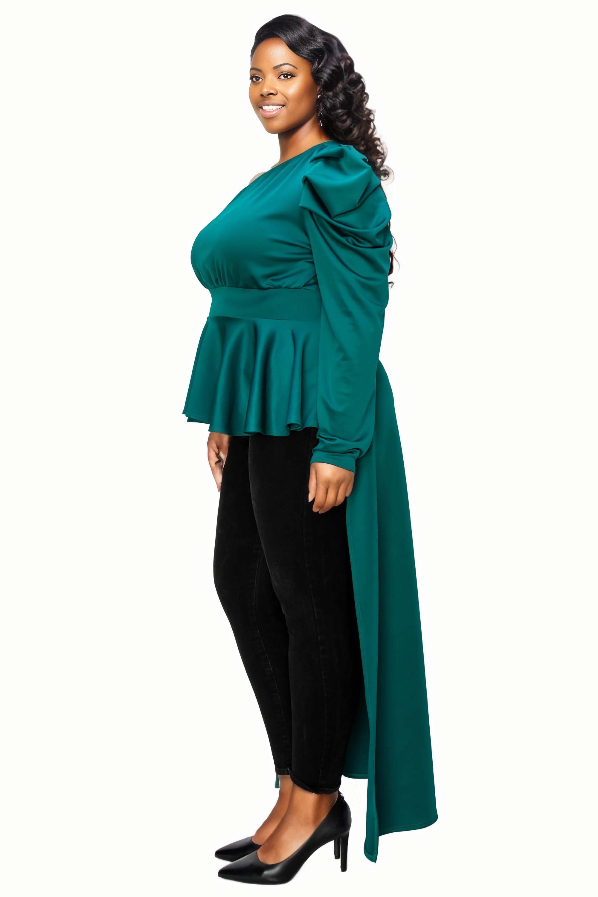 NICOLETTE ONE SHOULDER PEPLUM TOP, Emerald / Hunter Green, alternate image number 1