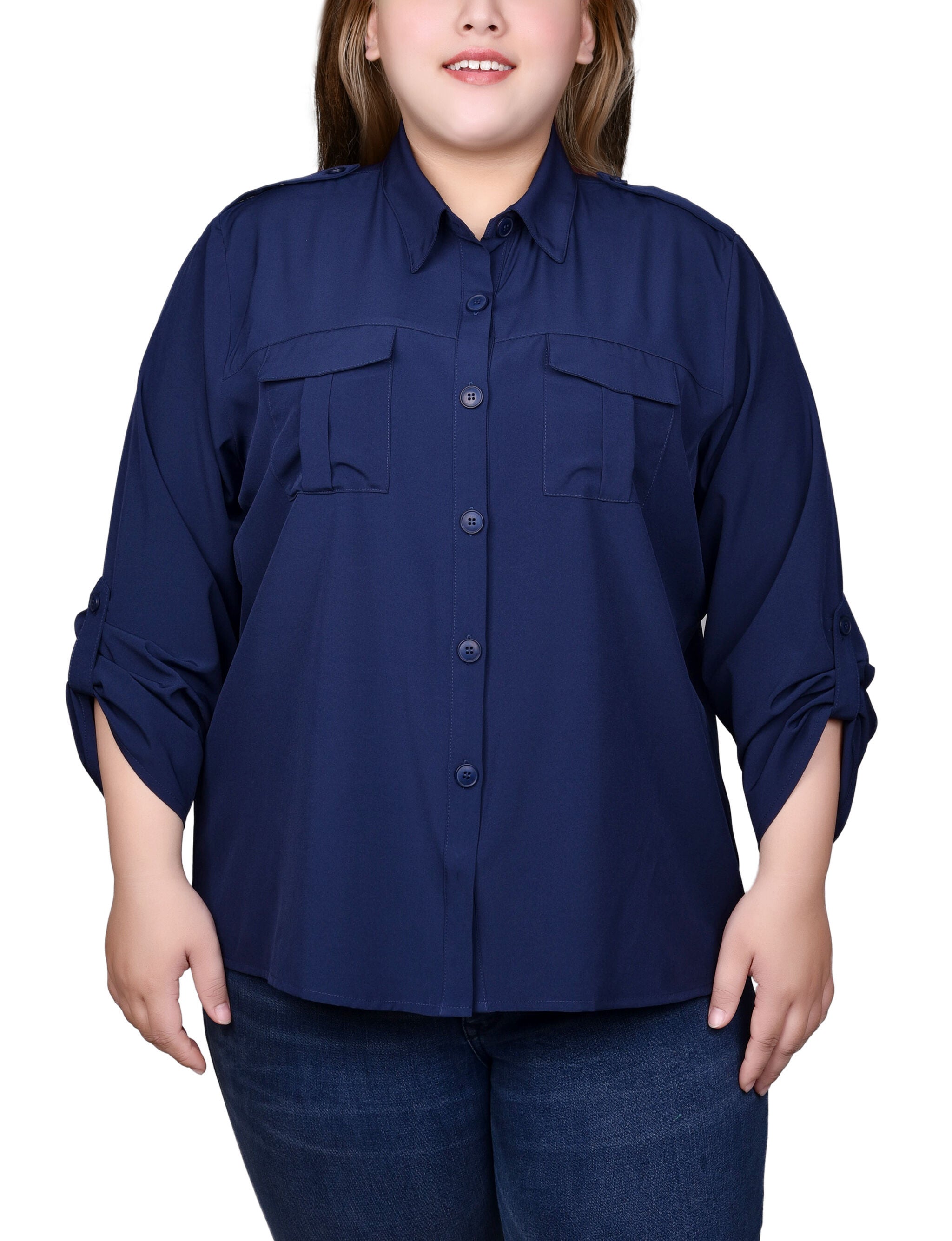 3/4 Sleeve Roll Tab Blouse, Sky Diver, hi-res image number 0