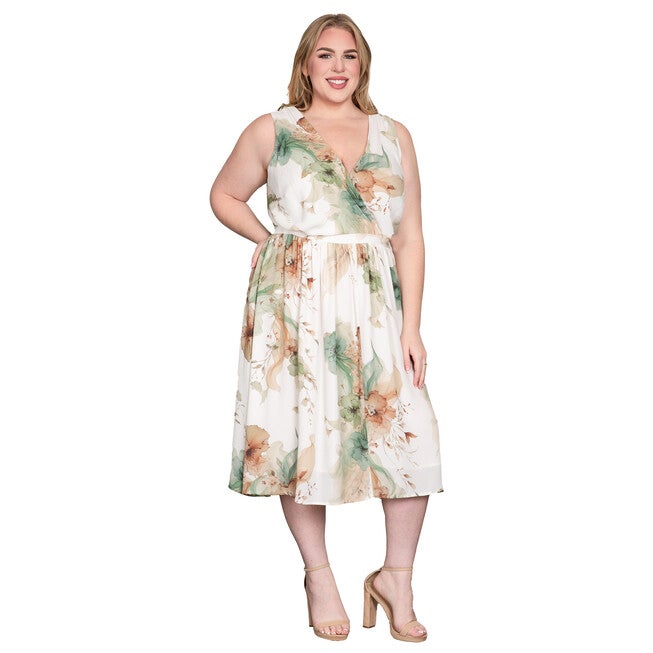 Plus Size Floral Print Faux Wrap V-Neck Midi Dress, Earth Floral / Teal, alternate image number null