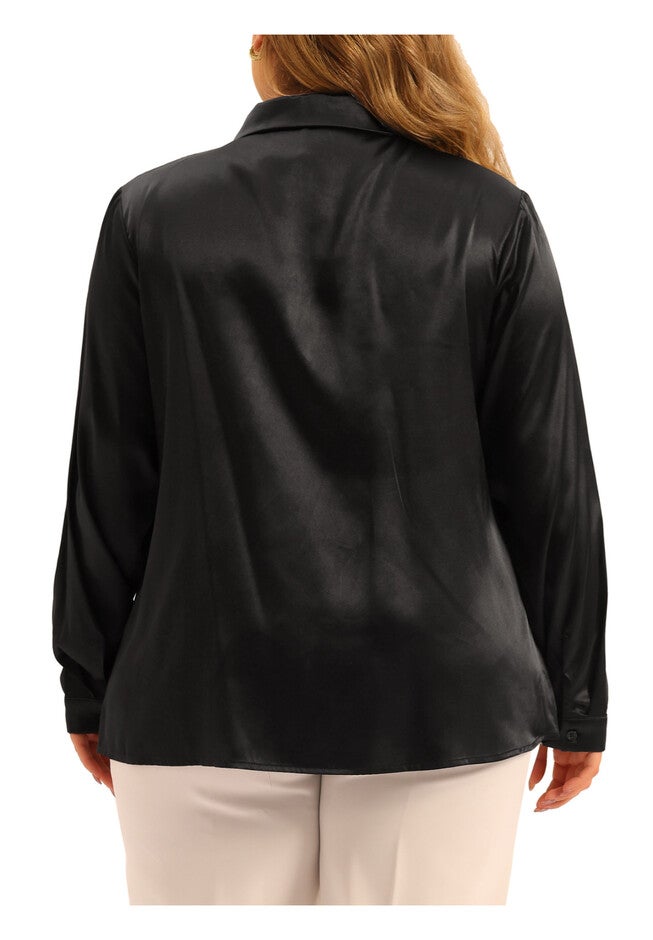 Collar Button Down Satin Shirt Top, Black / Black, alternate image number null