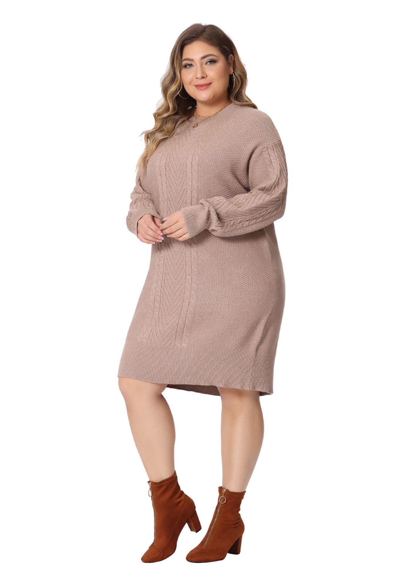 CREWNECK LONG SLEEVE KNIT TUNIC PULLOVER SHORT SWEATER DRESS, Khaki / Taupe, hi-res image number 0