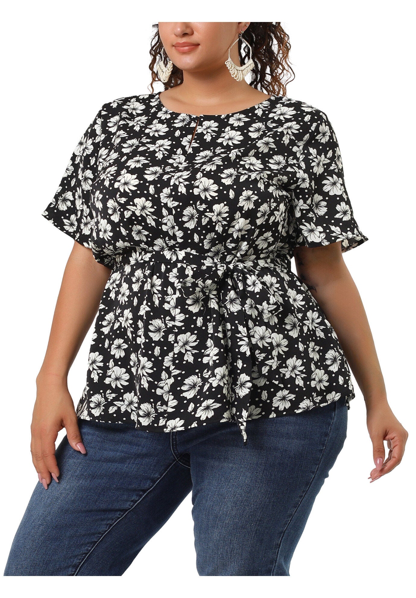 Tie Waist Floral Print Blouse Peplum Summer Top, Black / Black, alternate image number 2