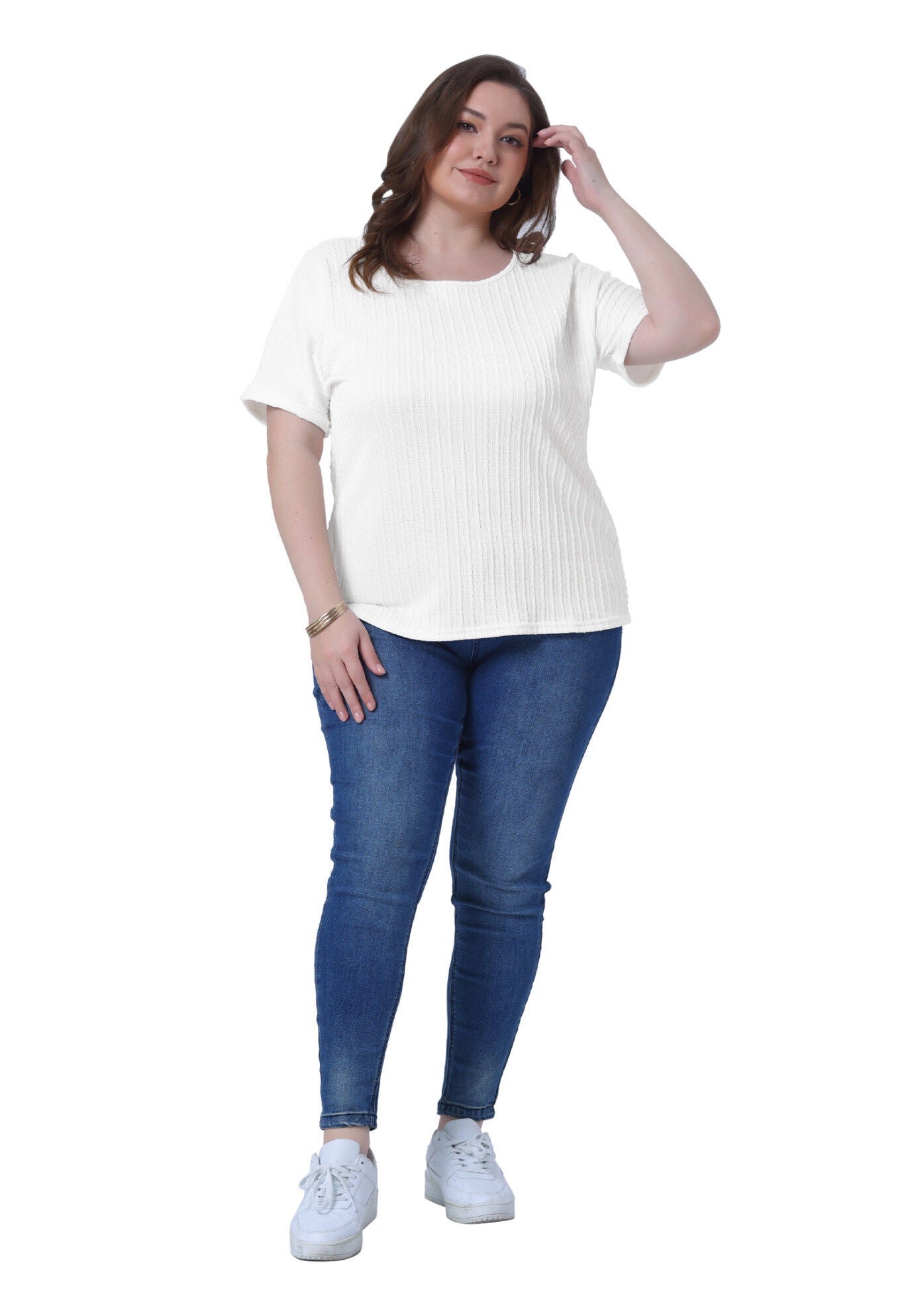 Textured Rolled Short Sleeve Crew Neck T-Shirts Blouses, White / White, hi-res image number 0