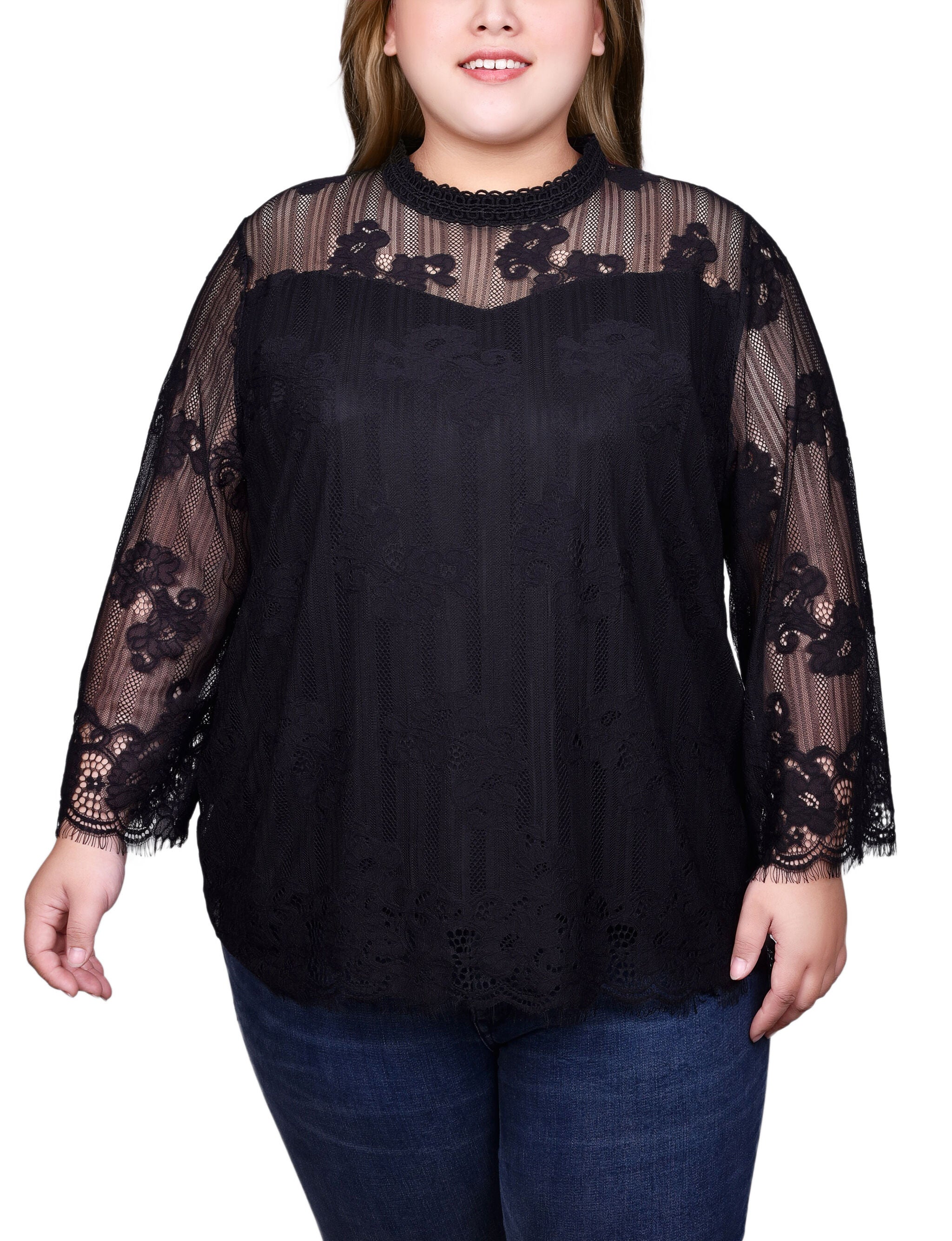 3/4 Sleeve Lace Blouse, Black, hi-res image number 0