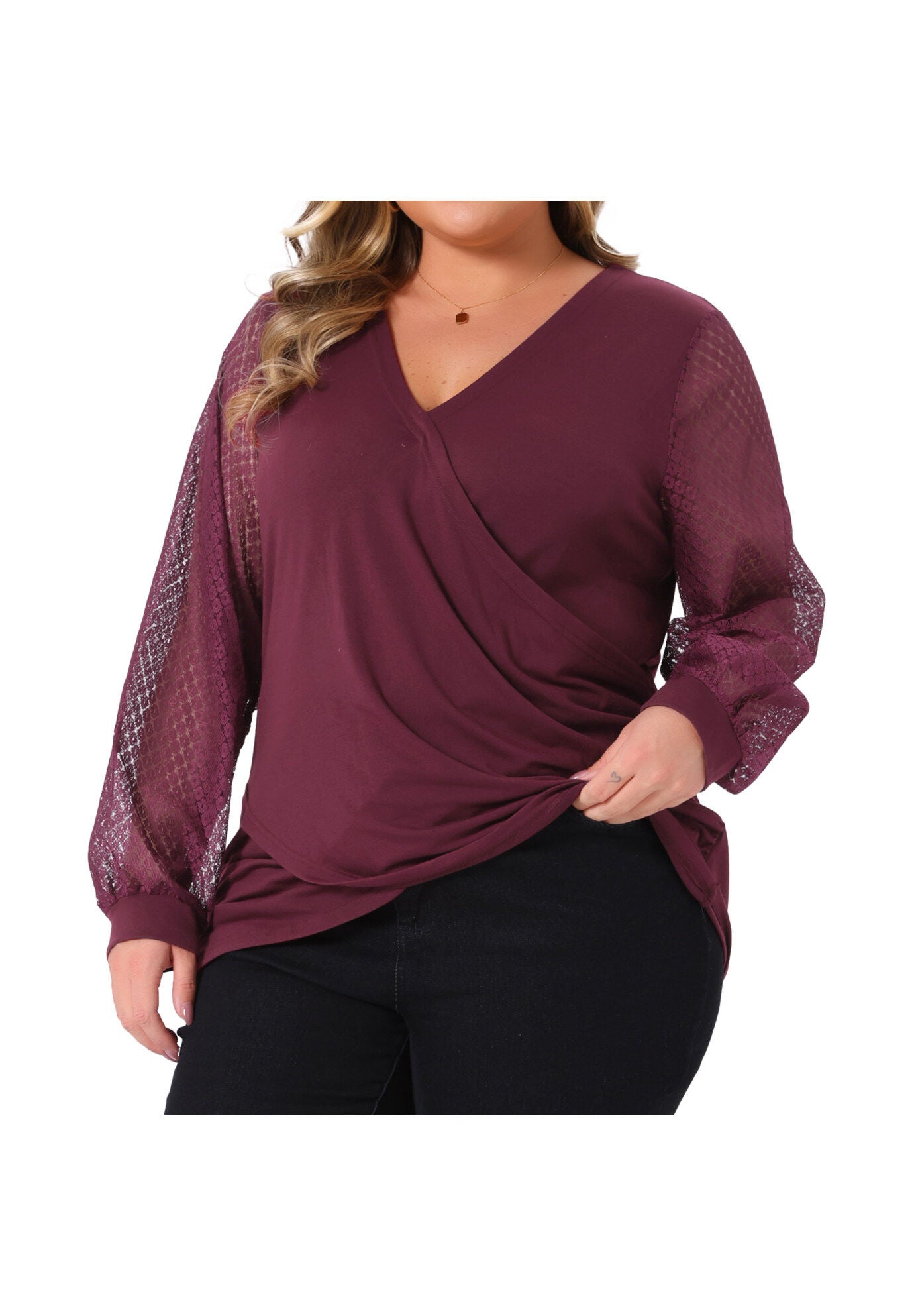 V Neck Wrap Ruched Bishop Lace Sleeve Blouse, Burgundy / Burgundy, alternate image number 1
