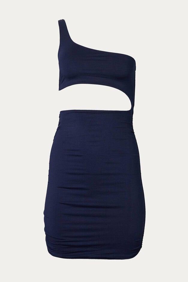 ONE-SHOULDER RUCHED CUTOUT MINI DRESS IN NAVY, Navy / Black, hi-res image number null