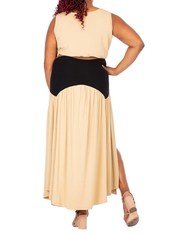 Reign Women's Plus Size V Waist A Line Side Slit Flared Maxi Skirt, Tan / Tan, alternate image number 1