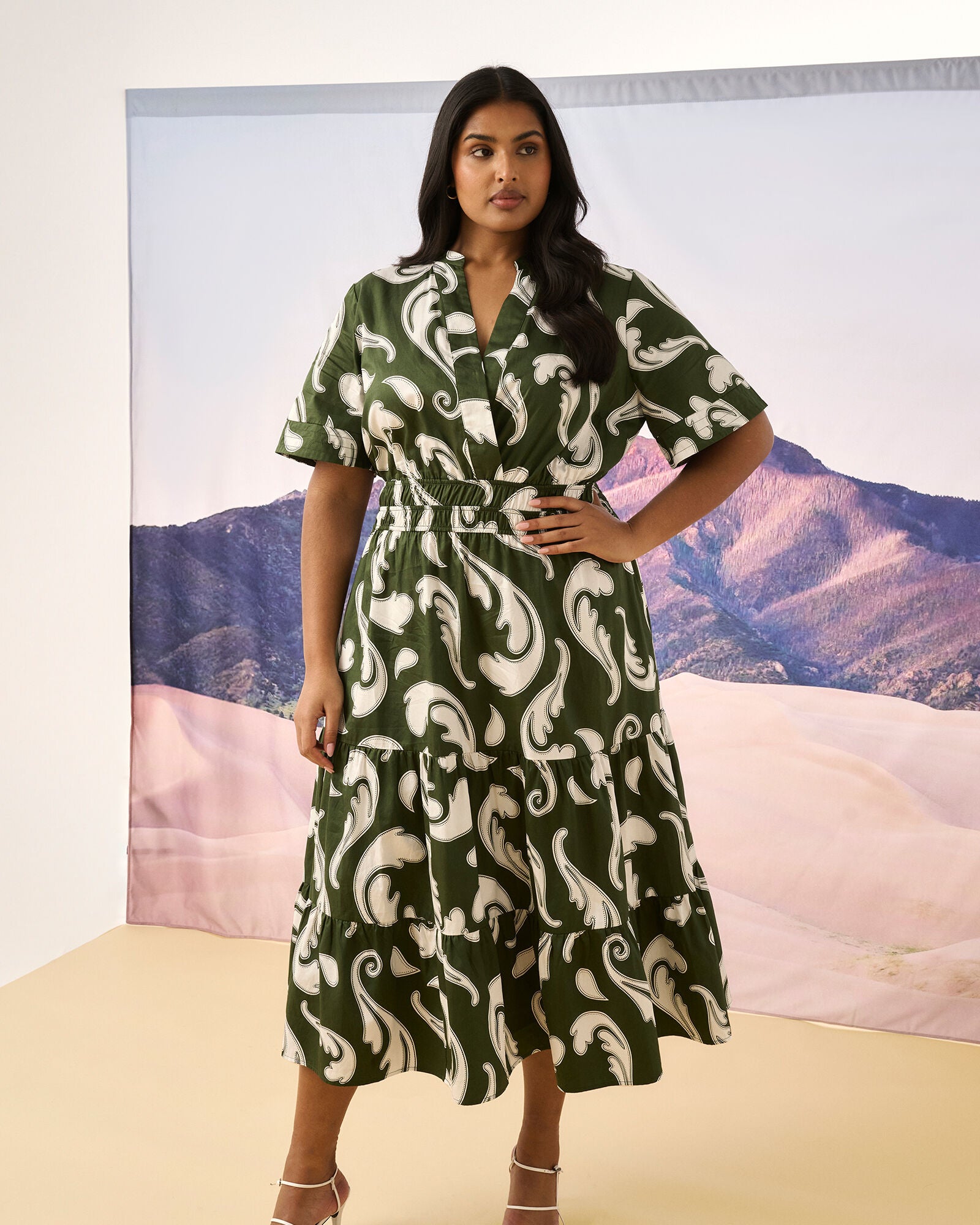 Sandswept Elasticated Midi Dress, Print / Kelly Green, hi-res image number 0