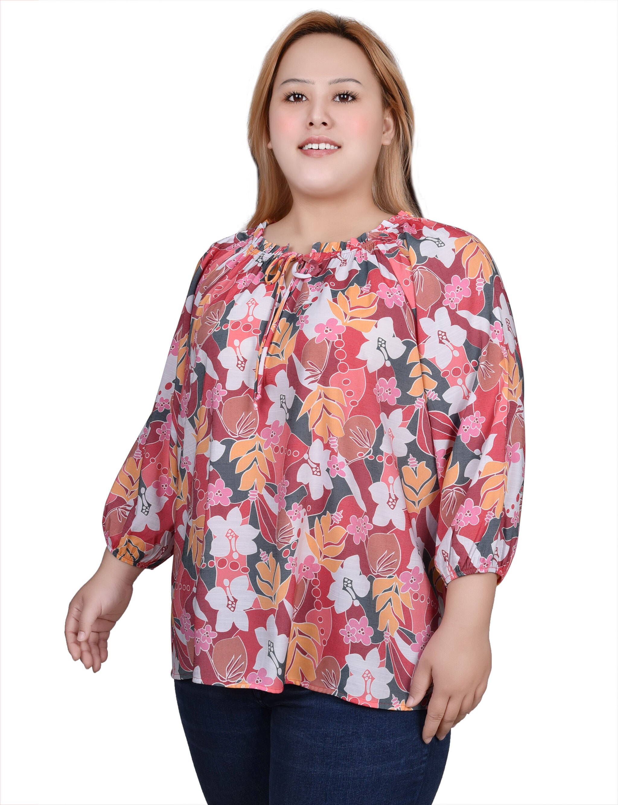 3/4 Sleeve Drawstring Neck Blouse, Pink Red Flower / pink, alternate image number 3