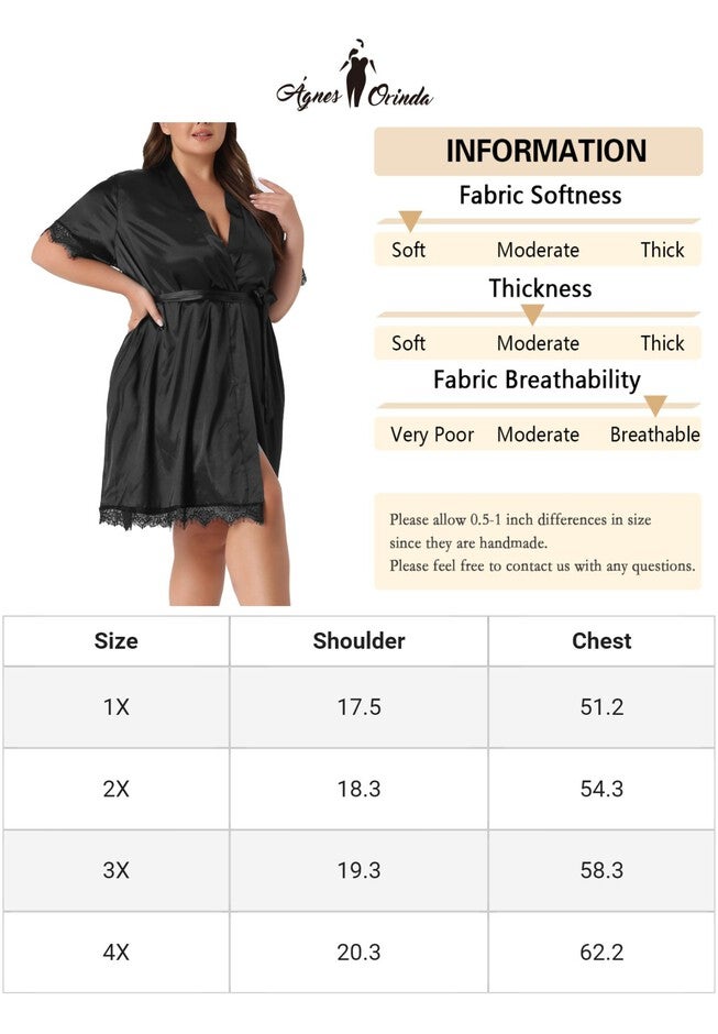 SATIN ROBE SHORT SILKY BATHROBE BRIDESMAID DRESSING GOWN, Black / Black, alternate image number 1