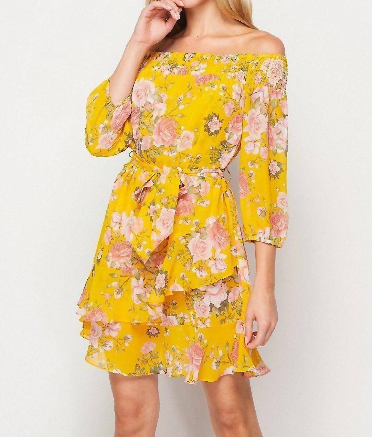 FLORAL OFF THE SHOULDER MINI DRESS IN YELLOW MULTI, Yellow Multi / Yellow, hi-res image number 0
