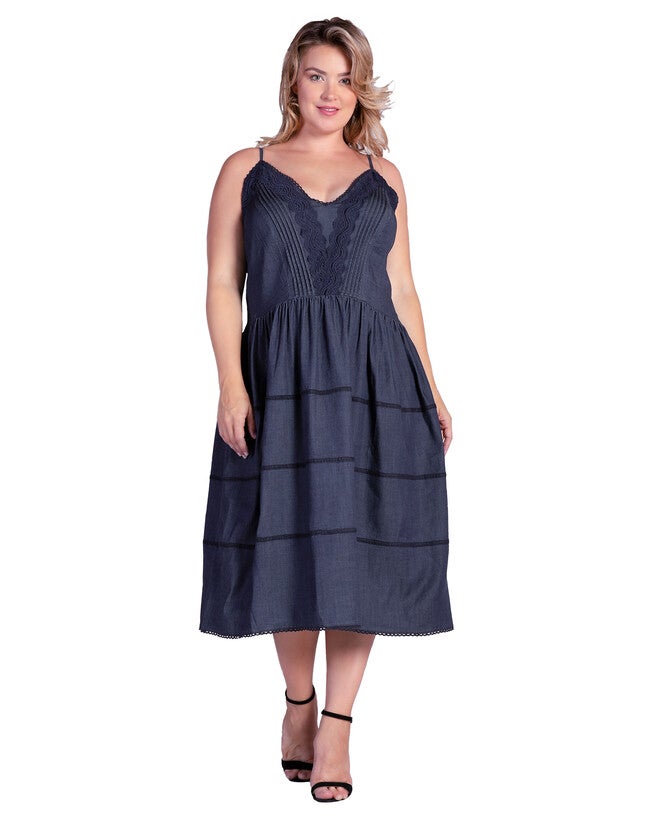 Women's Plus Size Lace Trim Spaghetti Strap Tencel Midi Dress, Dark Indigo / Dark Wash, alternate image number 3