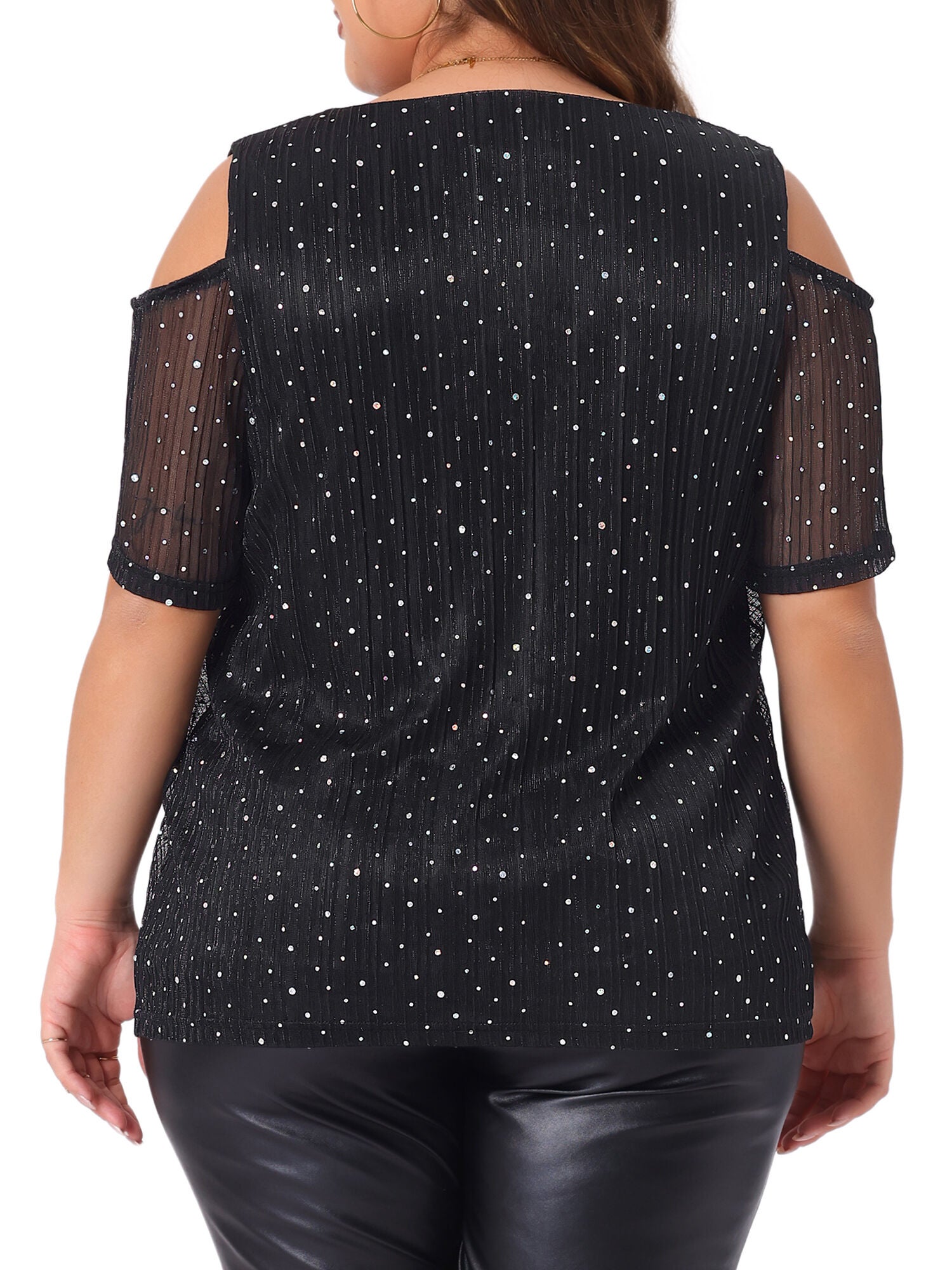 GLITTER SEQUIN COLD SHOULDER SHORT SLEEVE TOP, Black / Black, alternate image number 3