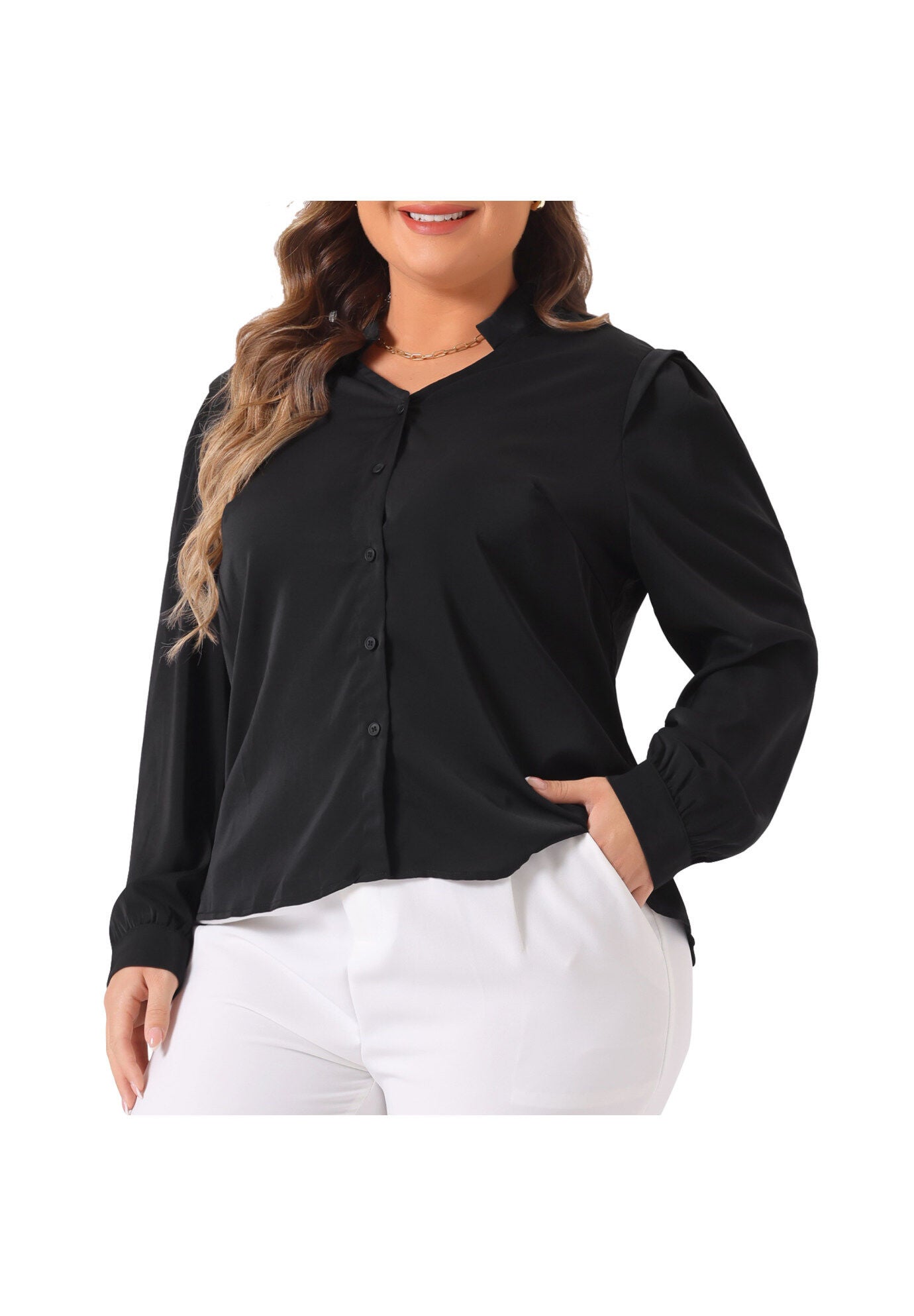 Button Up Notch V Neck Long Sleeve Work Shirt, Black / Black, alternate image number 2