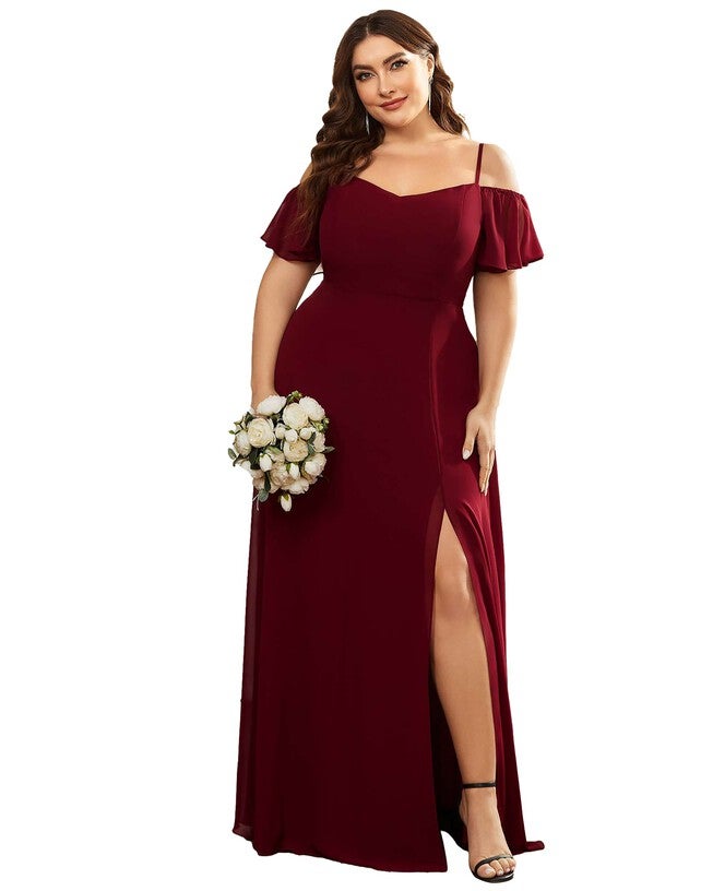 Stylish Cold Shoulder Flare Sleeves Flowy Bridesmaid Dress, Burgundy / Burgundy, alternate image number 3