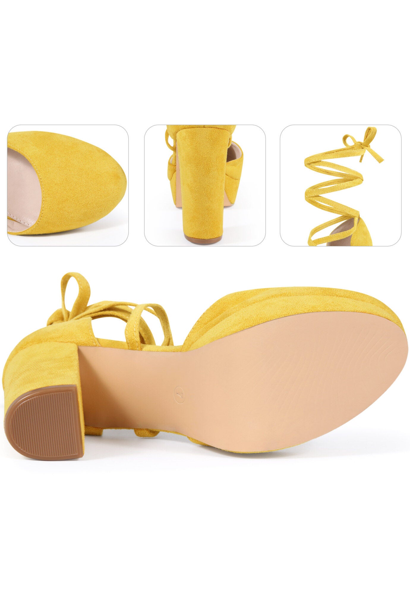 Lace Up Strappy Platform Block Heel Pumps, Yellow / Yellow, alternate image number 1