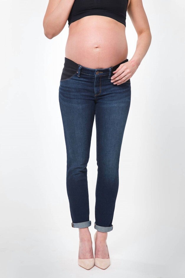 CHELSEA MATERNITY DENIM ANKLE JEANS UNDER THE BELLY SIDE PANEL IN DARK WASH, Dark Wash / Destructed Dark Wash, hi-res image number null