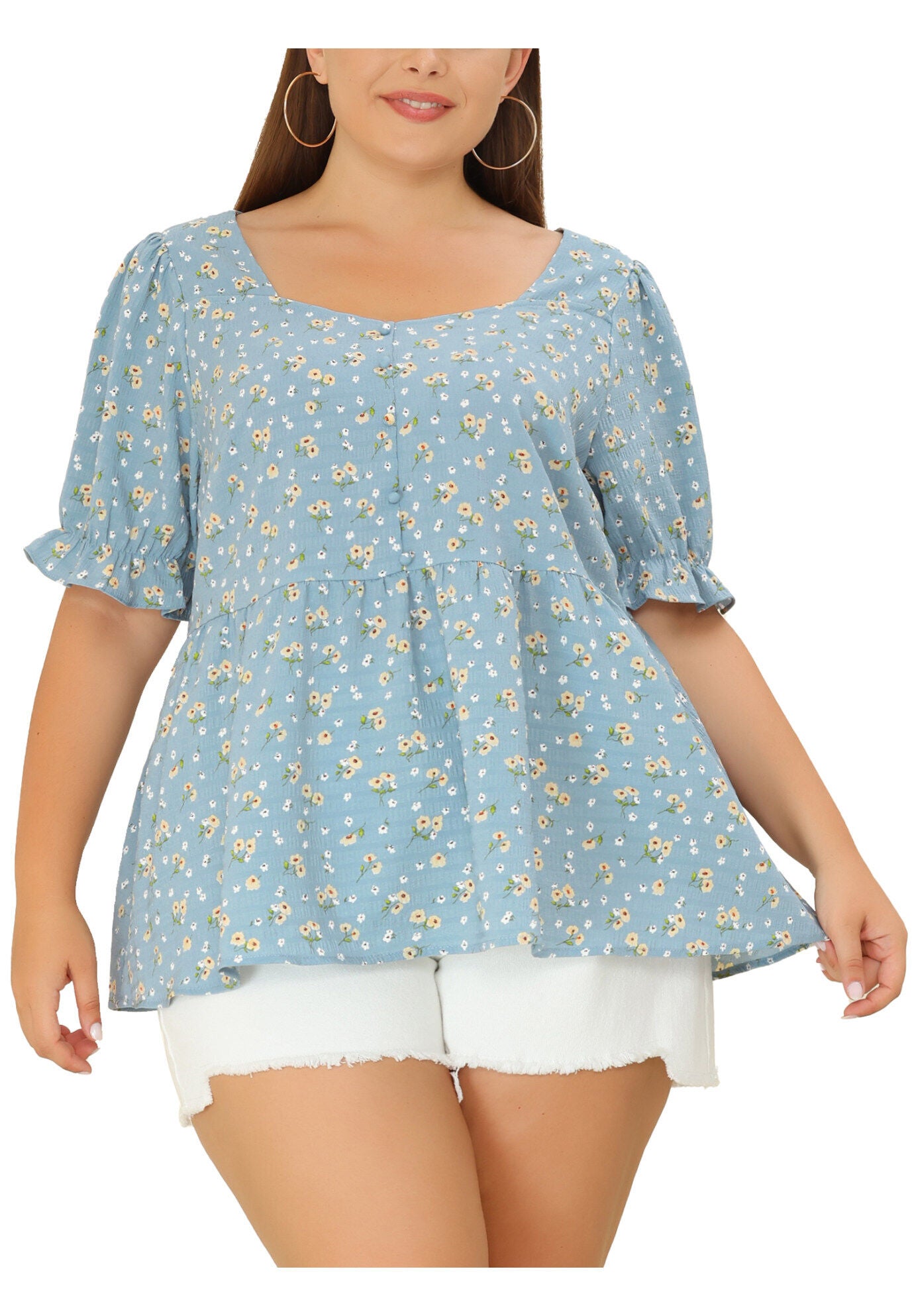 Sweetheart Neck Floral Peplum Top, Blue / Light Blue, alternate image number 1