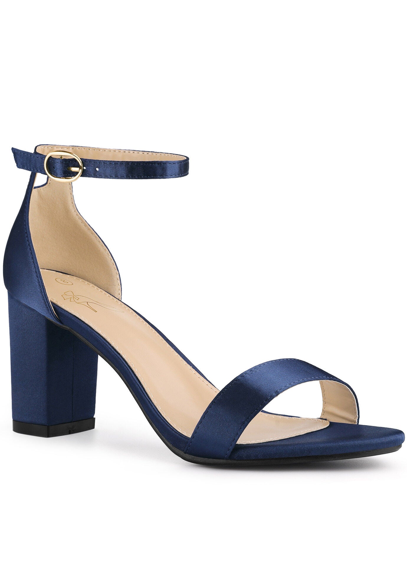 Open Toe High Heel Ankle Strap Satin Block Heels Sandals, Navy Blue / Royal Blue, hi-res image number 0