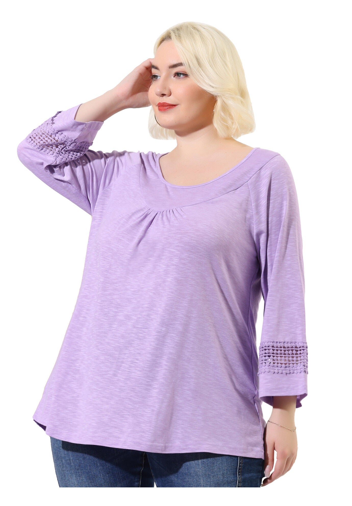 CROCHET PANEL HOLLOW OUT PLEATED TUNICS BLOUSE TOP, Light Purple / Purple, alternate image number 3