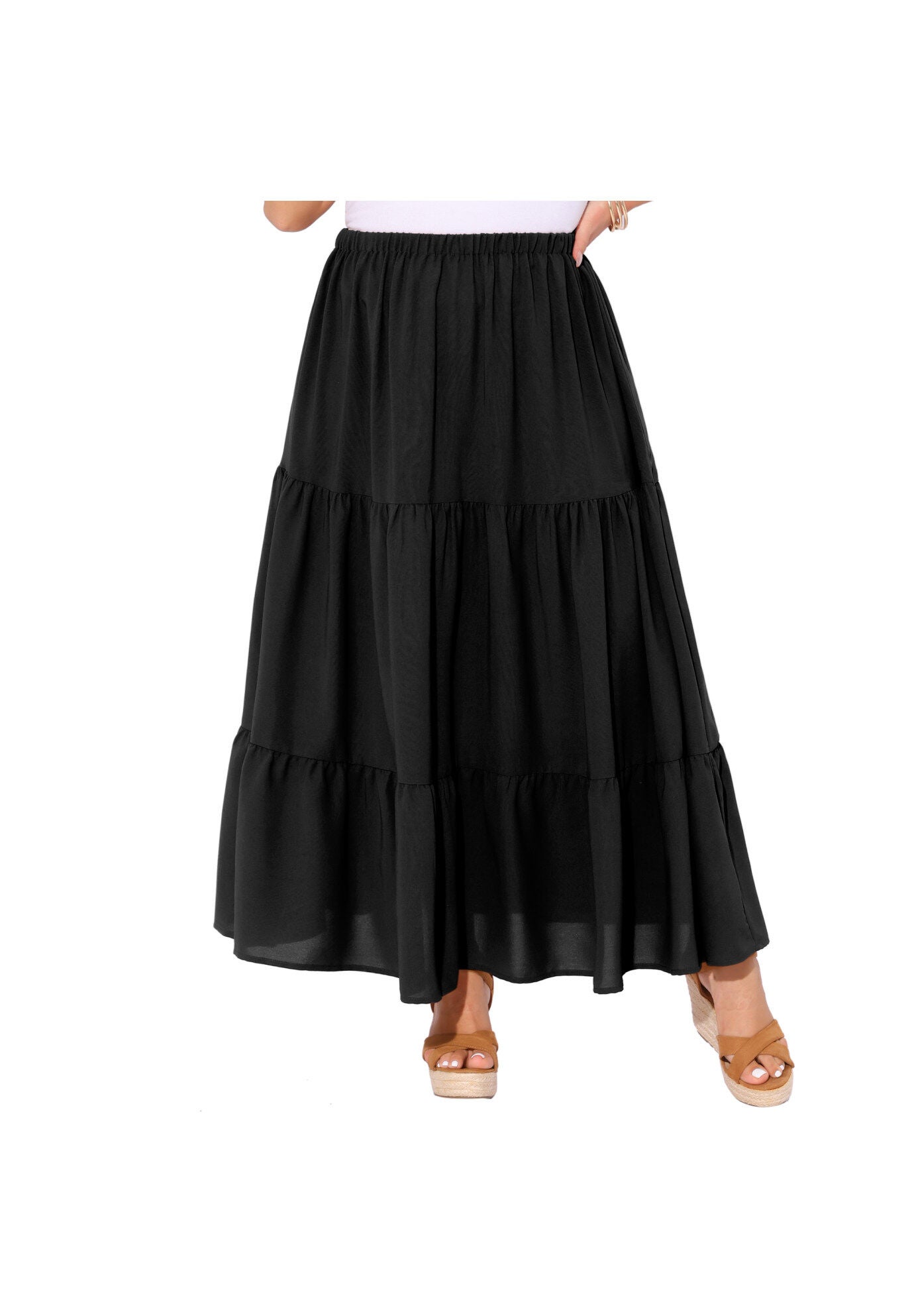 Elastic High Waist Boho Flowy A Line Long Swing Maxi Skirt, Black / Black, alternate image number 1