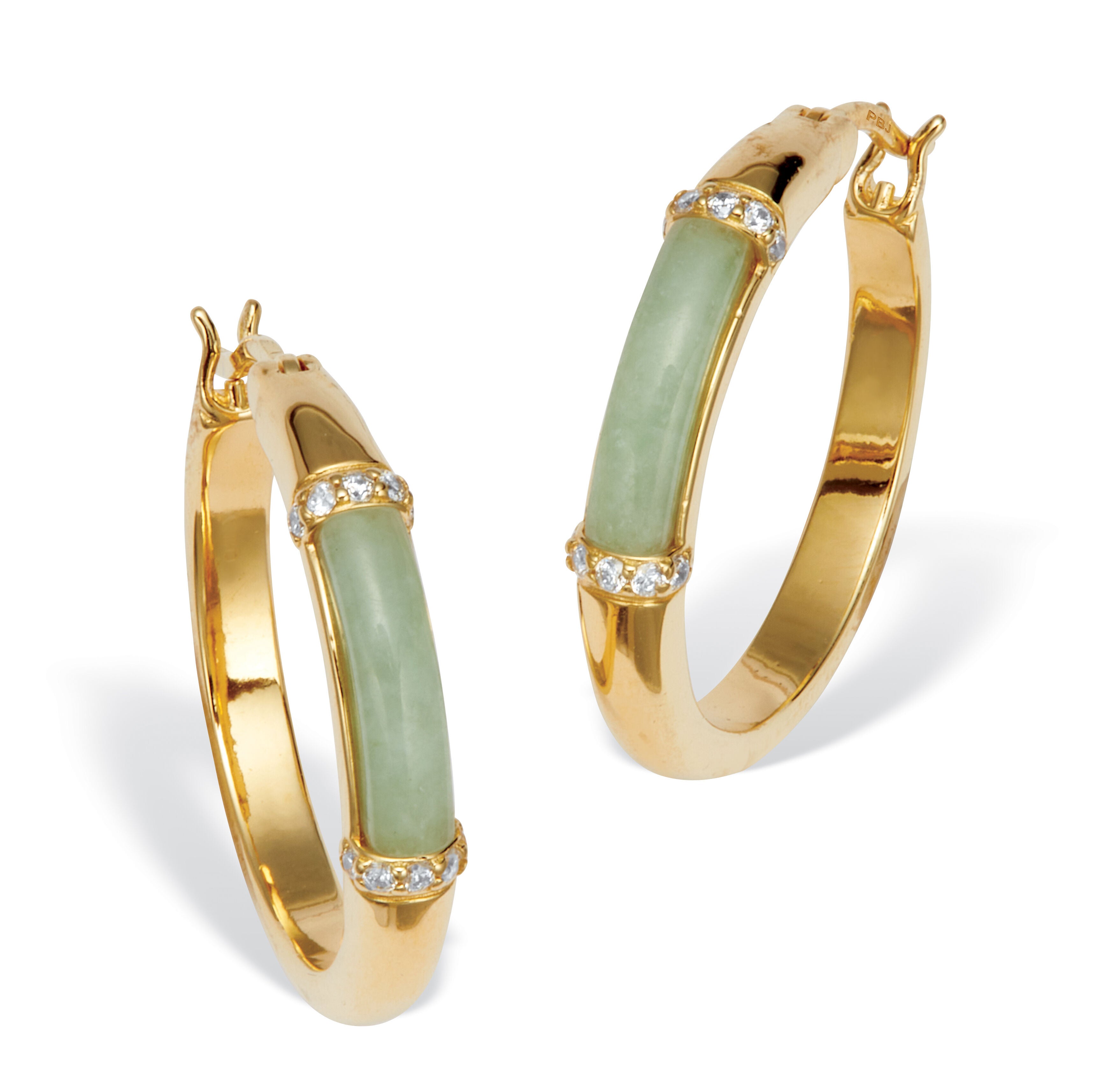 .18 TCW CZ Cabochon Cut Genuine Green Jade 18k Yellow Gold-plated Hoop Earrings, Green / Forest Green, hi-res image number 0