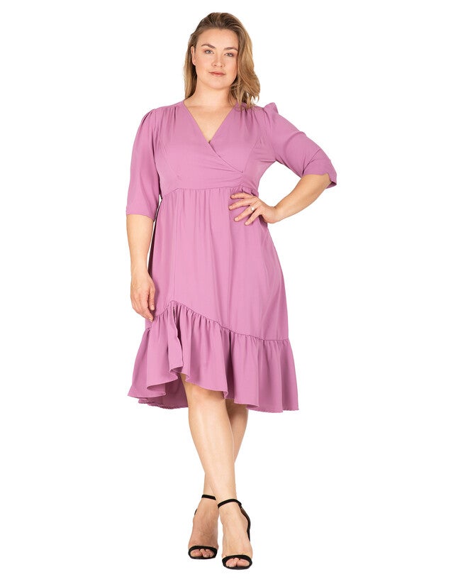 Kelsie Women's Ruched sleeve V Neck Ruffle Hem Midi Dress, Deep Mauve / Mauve, alternate image number 1