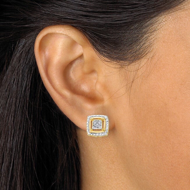 Diamond Accent Squared Two-Tone Gold-Plated Button Earrings, White / White, alternate image number 2