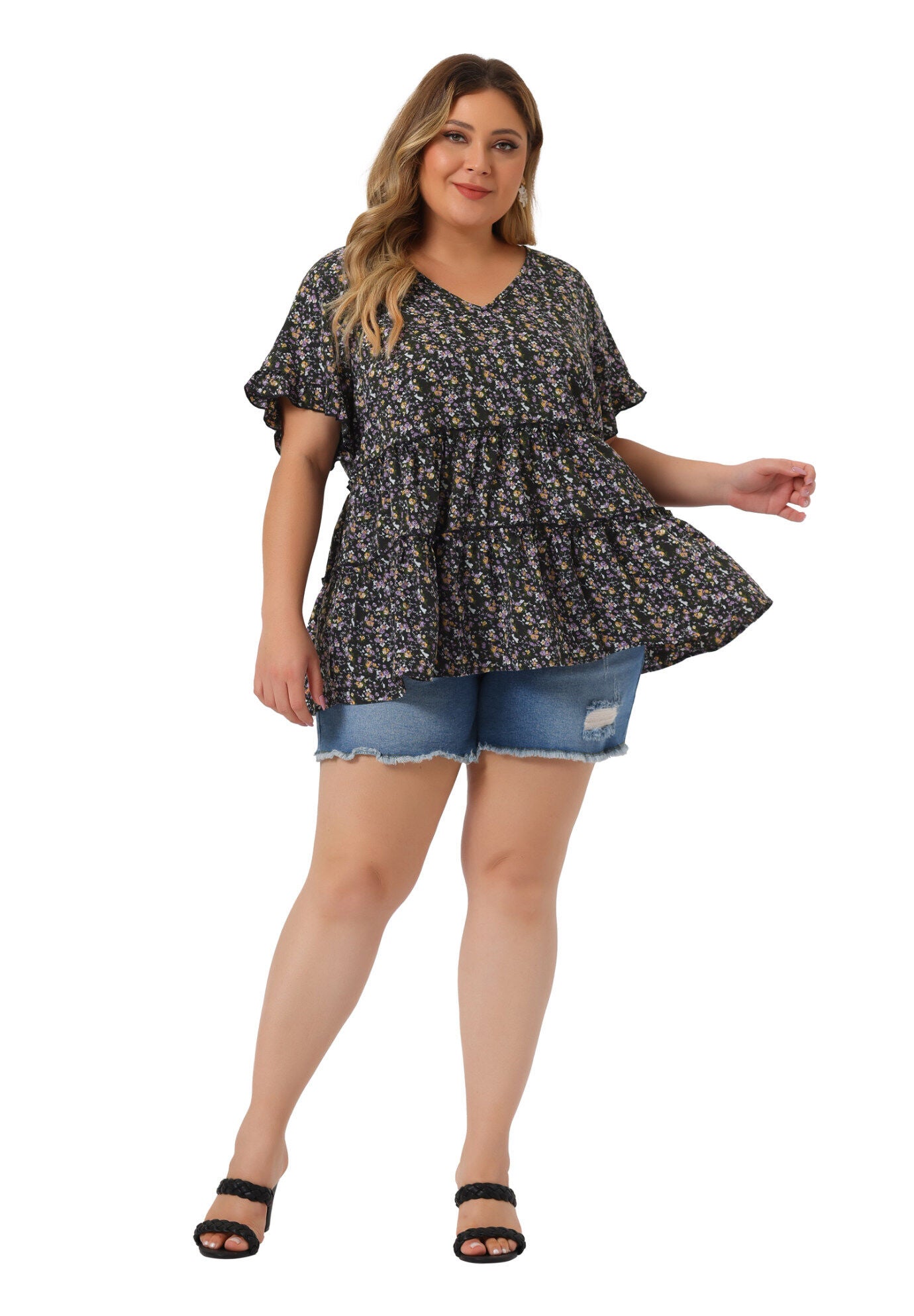 Floral Print V Neck Ruffles Sleeve Tiered Babydoll Blouse, Black Purple / Purple, alternate image number 1