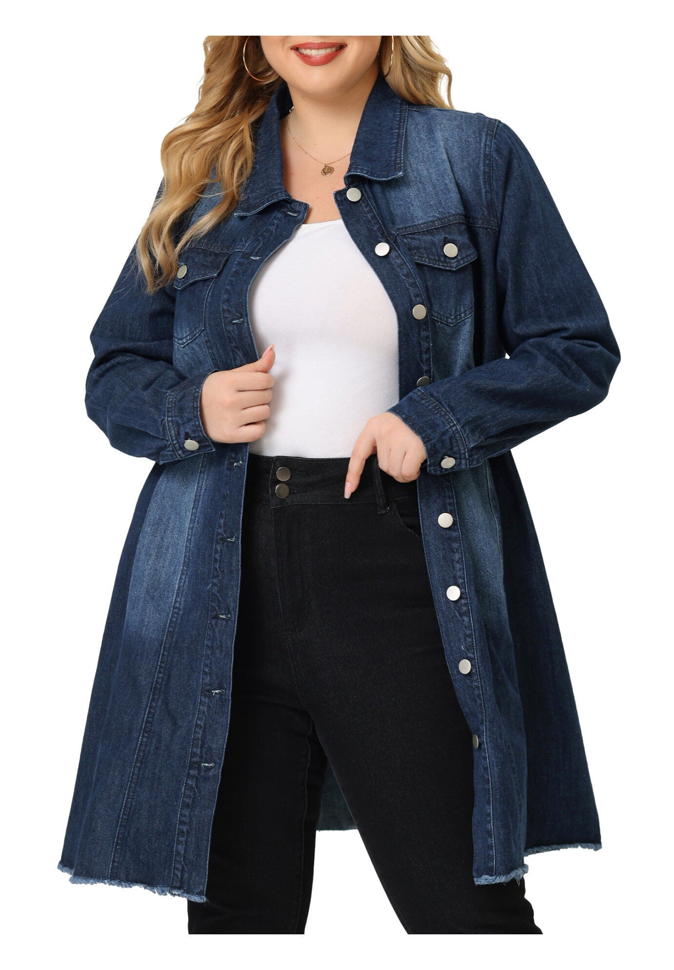 DISTRESSED BUTTON UP POCKET LONG DENIM JACKET, Dark Blue / Navy, alternate image number 1