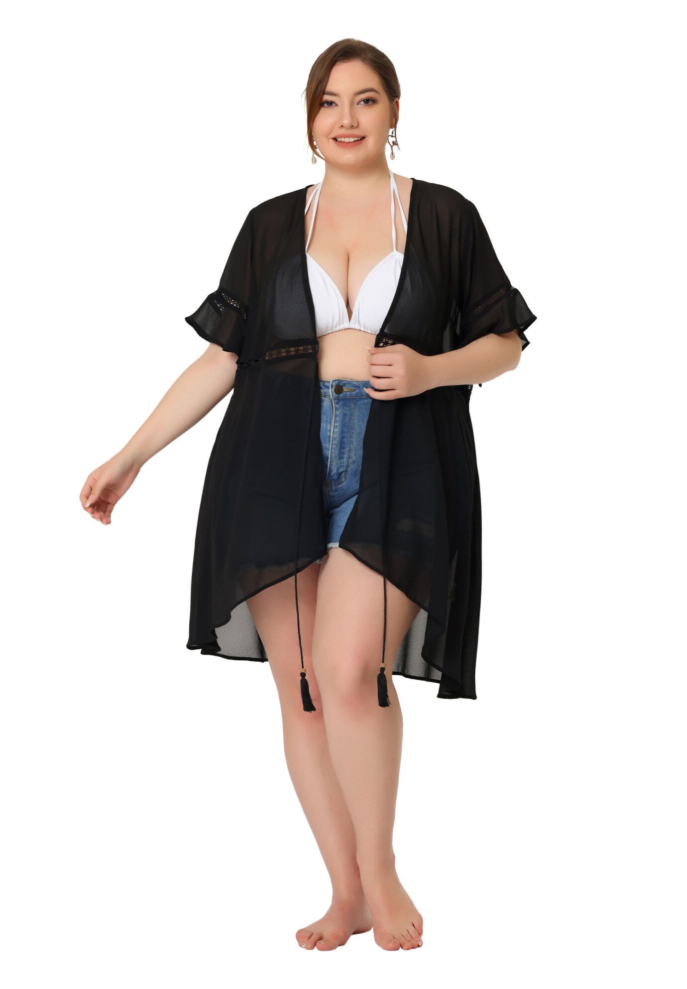 BIKINI COVER UP SHORT SLEEVE TASSEL TIE WAIST KIMONO, Black / Black, hi-res image number 0