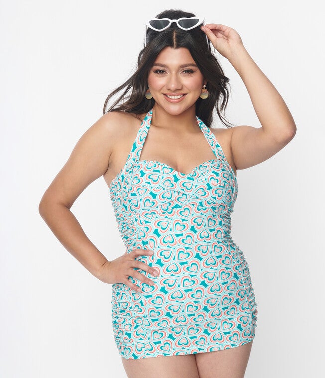 Unique Vintage Turquoise Retro Hearts Print Corinne Sheath Swimsuit, Turquoise Retro Hearts / Turquoise, hi-res image number 0