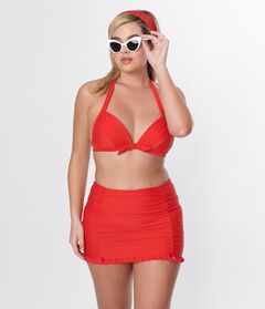 Unique Vintage Red Monroe Halter Swim Top