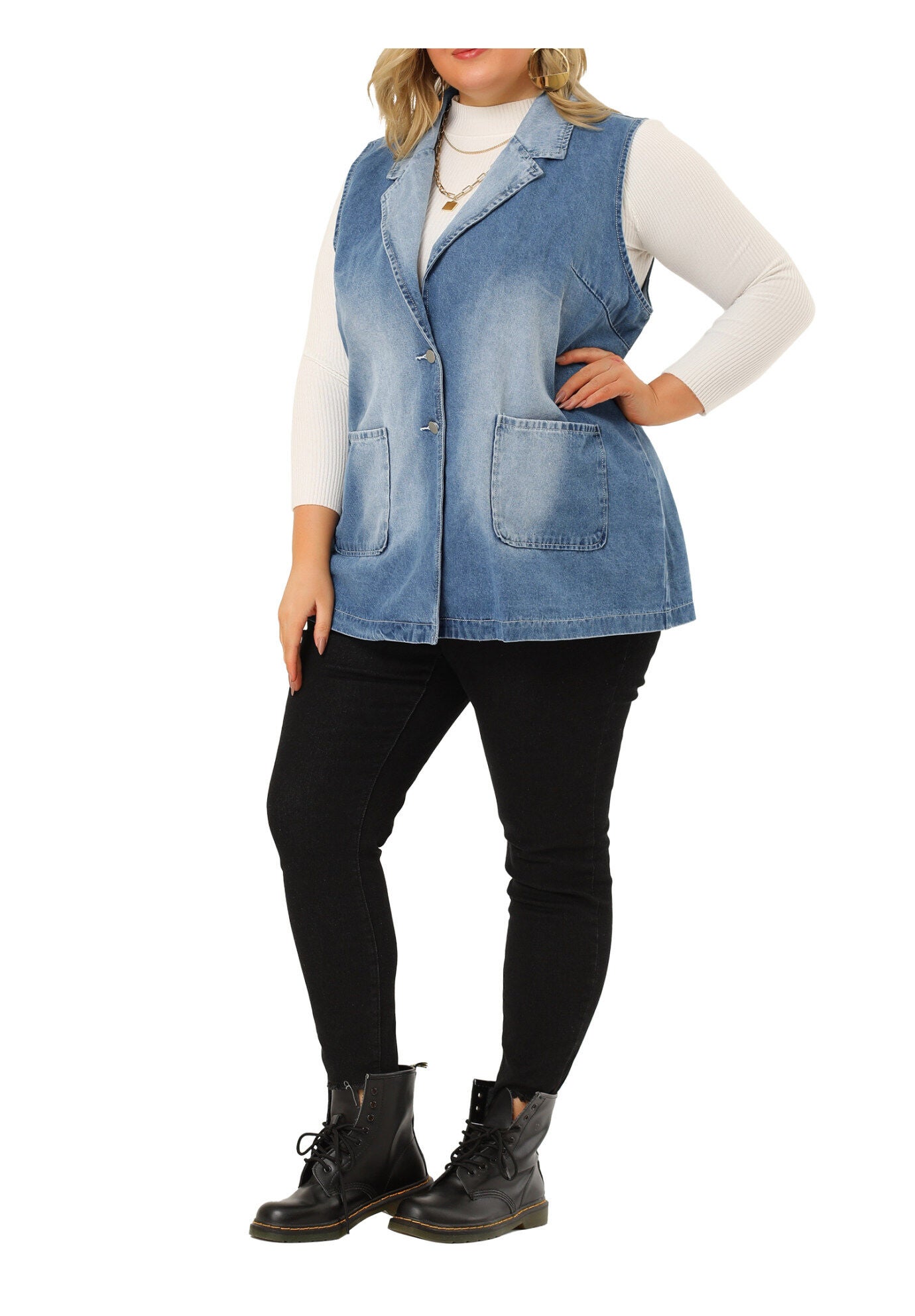 SLEEVELESS LAPEL LONG JEAN DENIM TUNIC VEST, Blue / Light Blue, alternate image number 1