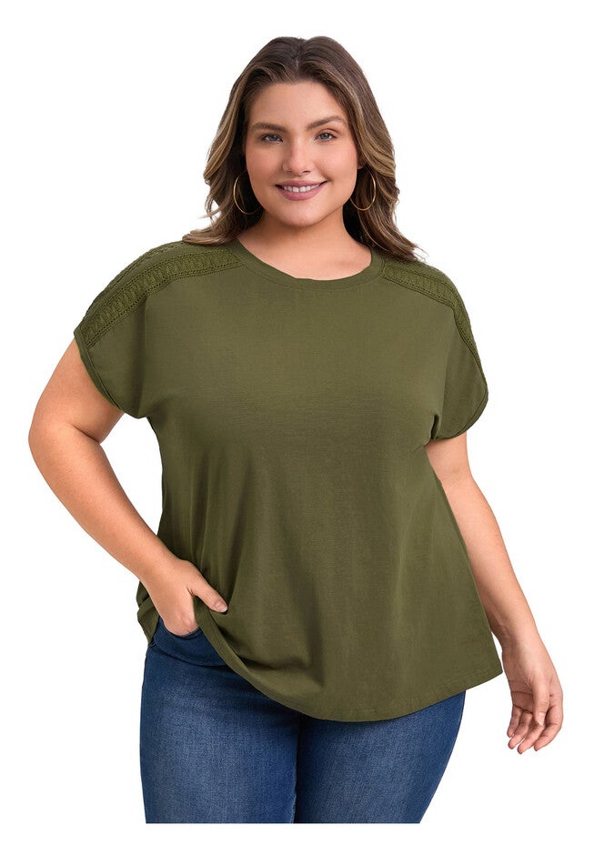 Crew Neck Crochet Lace Trim Shoulder Short Sleeve Blouse, Army Green / Olive Green, alternate image number 2