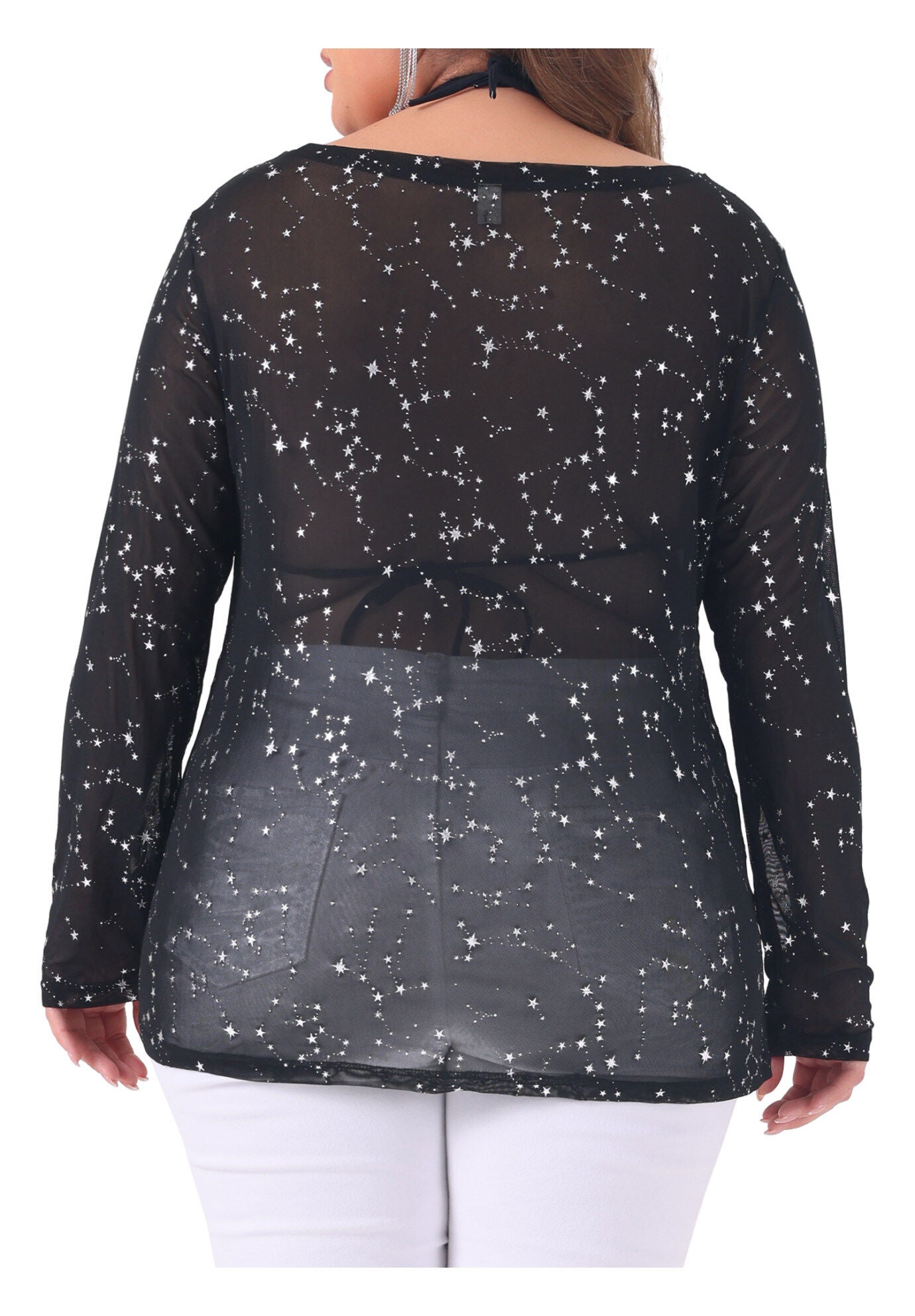 Sheer Mesh Long Sleeve Crew Neck Top, Black / Black, alternate image number 3