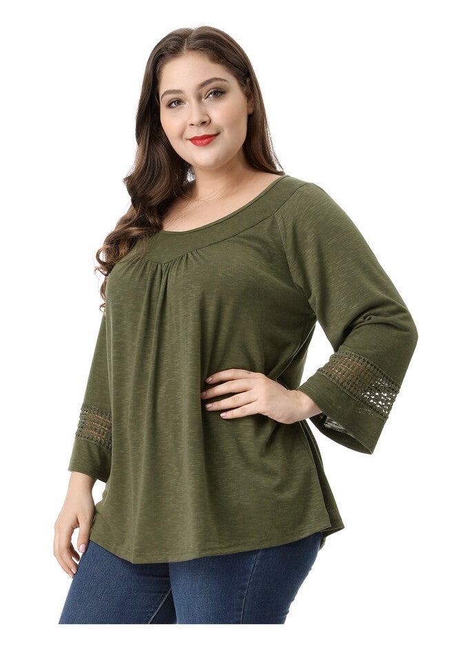 CROCHET PANEL HOLLOW OUT PLEATED TUNICS BLOUSE TOP, Green / Olive Green, alternate image number 3