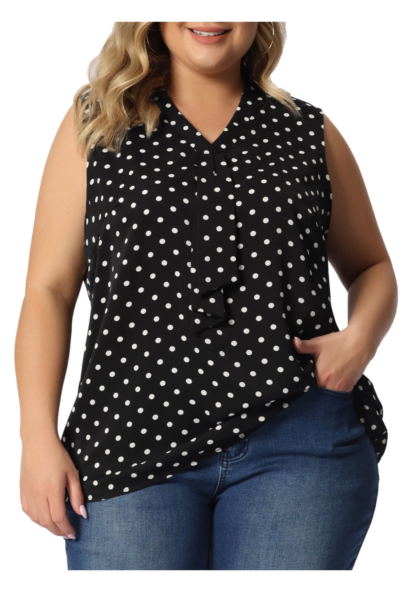 POLKA DOTS V NECK TIE NECK SLEEVELESS BLOUSE TANK TOP, Black / Black, alternate image number 2