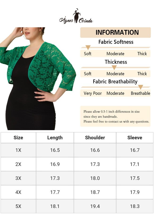 FLORAL LACE SHRUG 3/4 SLEEVE LIGHTWEIGHT SHEER BOLERO CARDIGAN, Green / Forest Green, alternate image number 4
