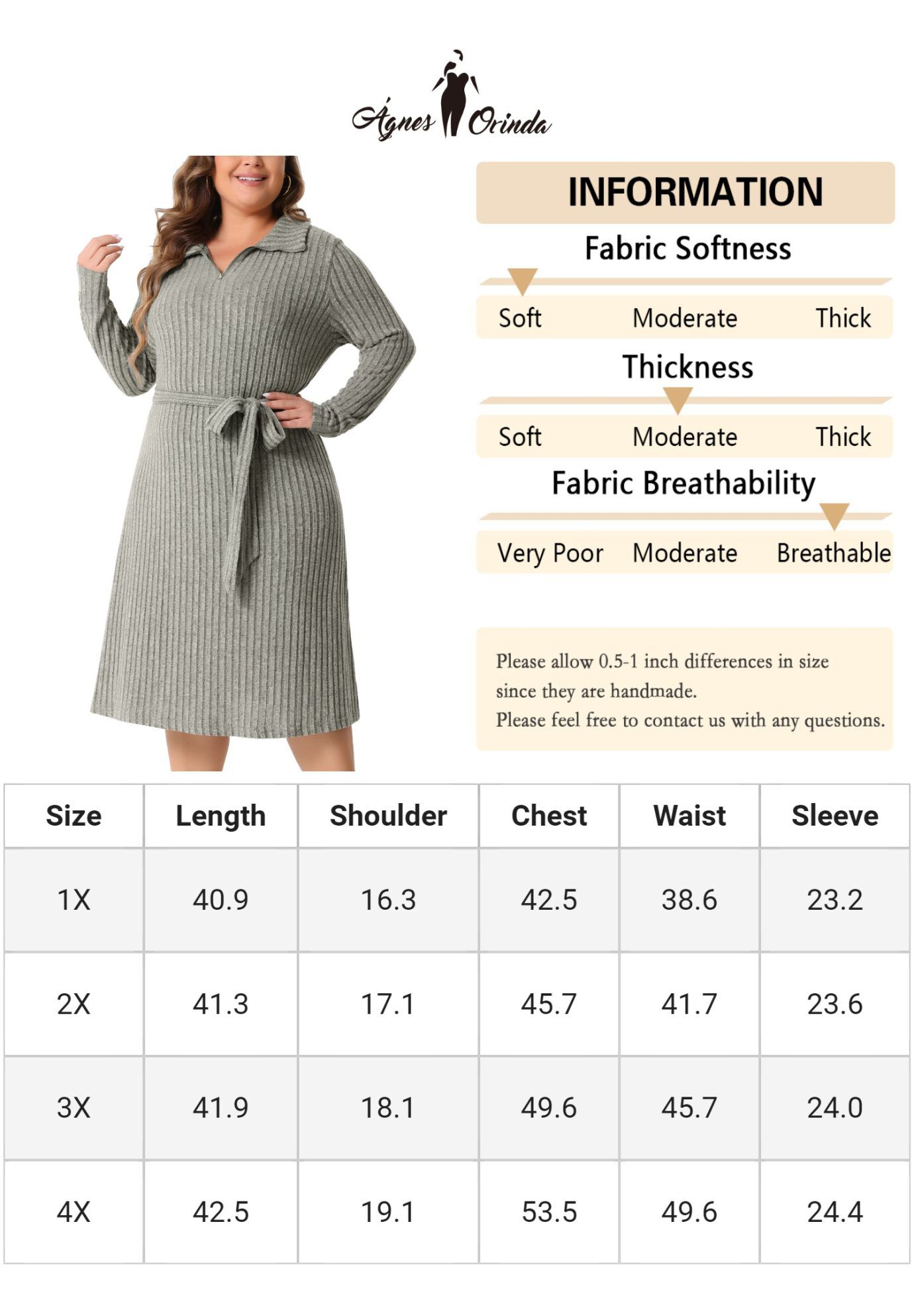 Ribbed Sweater Half Zip Front Tie Waist Knit Midi Dress with Belt, Grey / Warm Grey, alternate image number 3