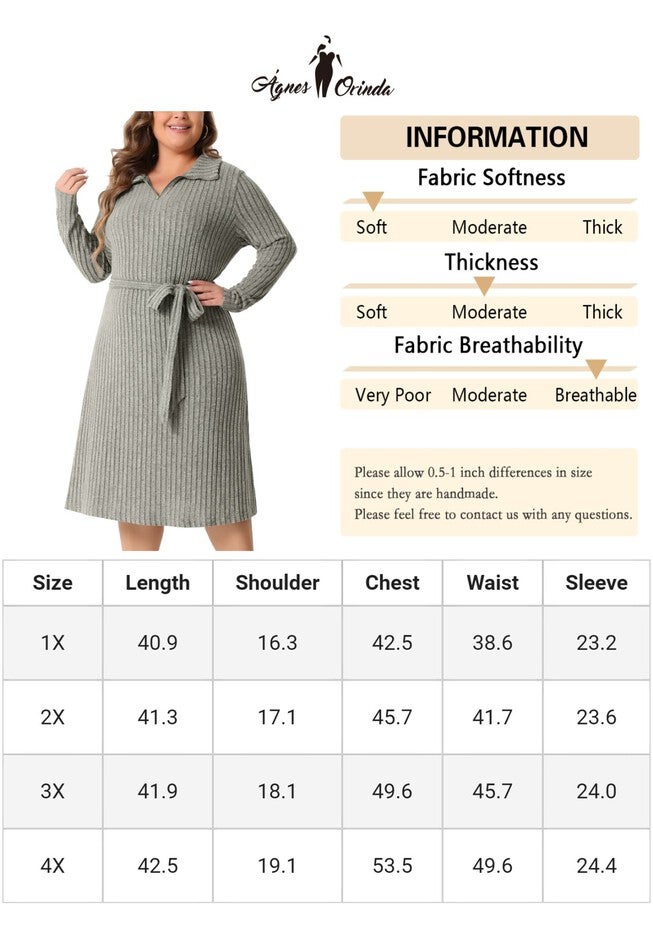 Ribbed Sweater Half Zip Front Tie Waist Knit Midi Dress with Belt, Grey / Warm Grey, alternate image number 3
