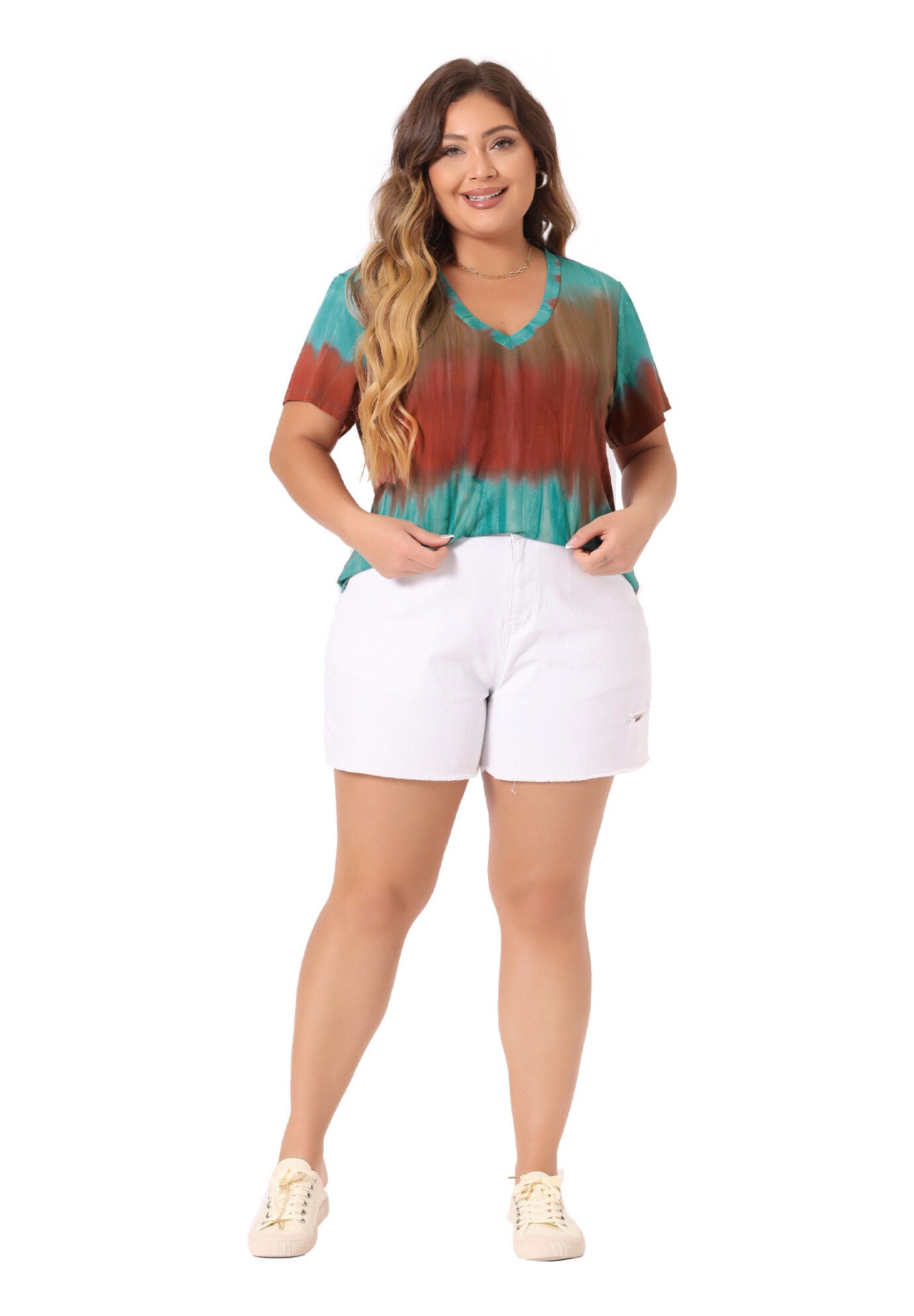 V Neck Short Sleeve Tie Dye Summer Top, Orange / Orange, hi-res image number 0