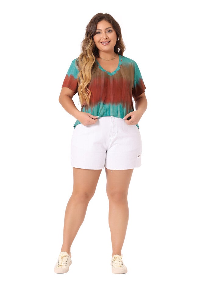 V Neck Short Sleeve Tie Dye Summer Top, Orange / Orange, hi-res image number 0