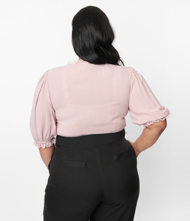 Unique Vintage 1940s Pink Clip Dot Puff Sleeve Blouse, Light Pink Clip Dot / Pink, alternate image number null