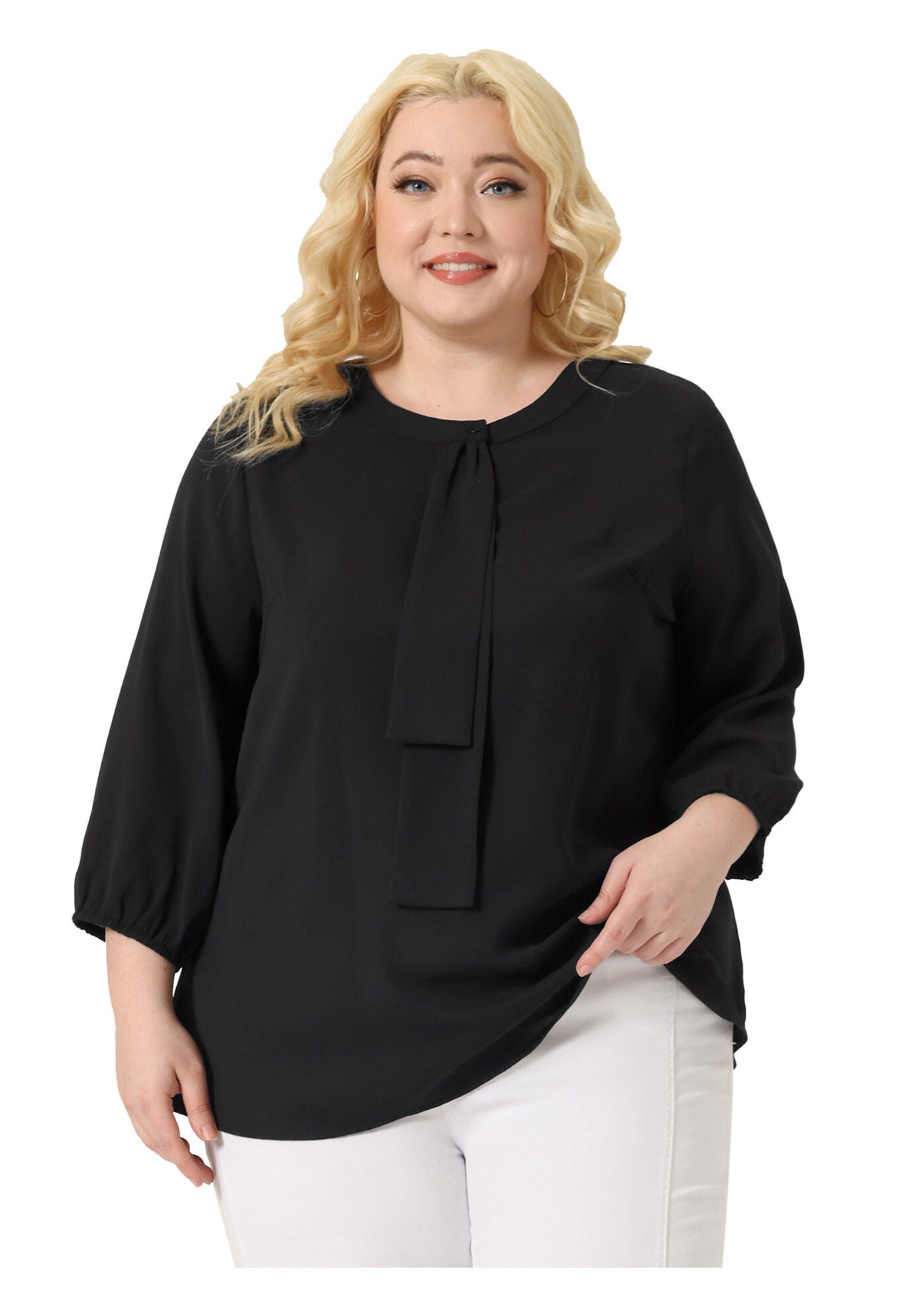 Work Round Neck Ruffle Chiffon Blouse Top, Black / Black, alternate image number 2
