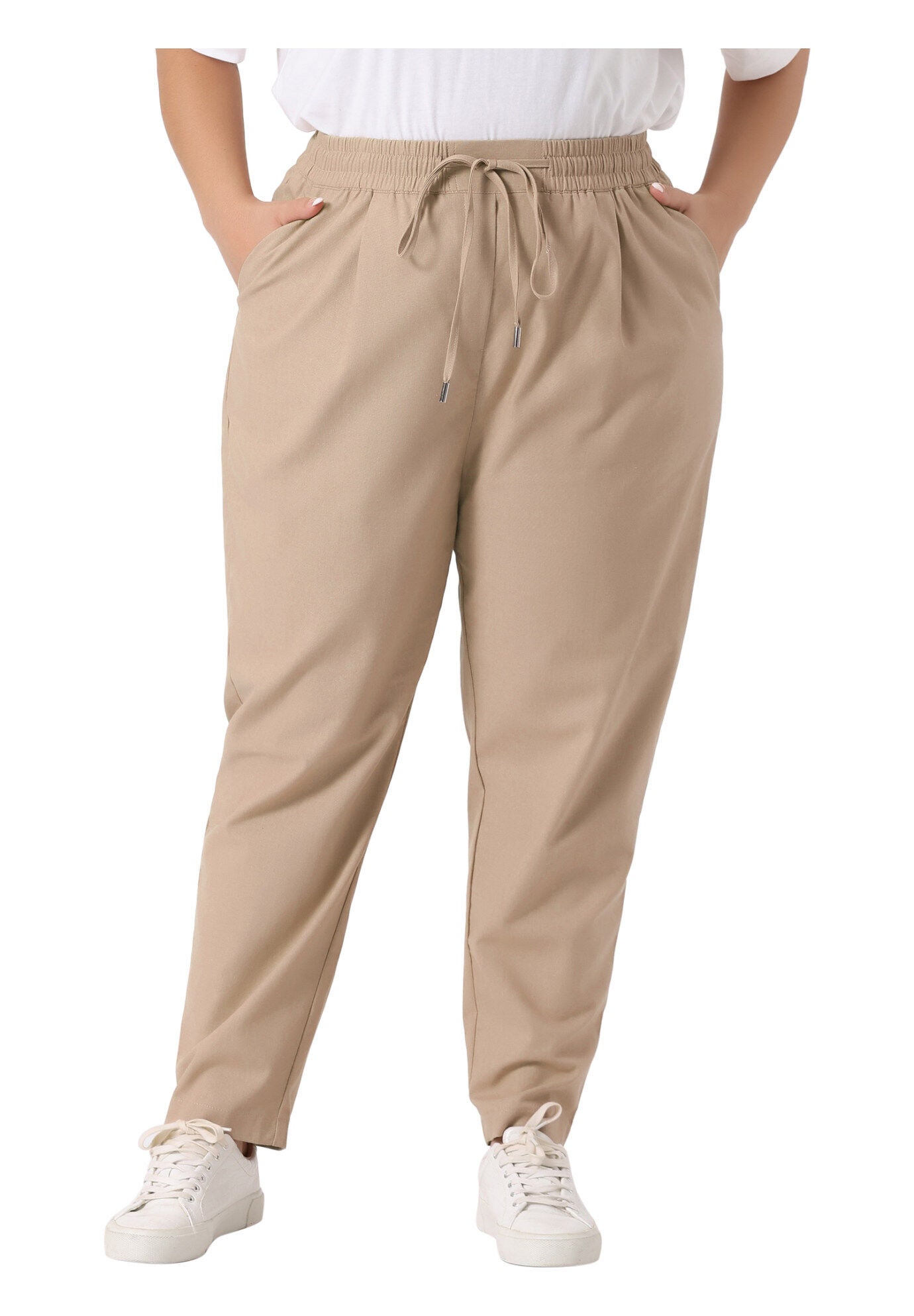 STRAIGHT LEG DRAWSTRING ELASTIC LOOSE TROUSERS, Khaki / Brown, alternate image number 1