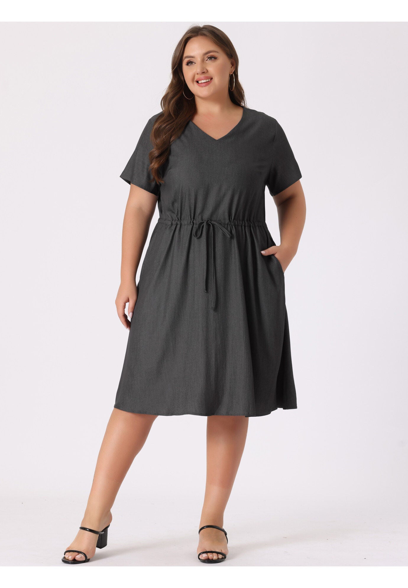 V Neck Short Sleeve A Line Flowy Midi Chambray Dress, Grey Black / Charcoal Grey, alternate image number 1