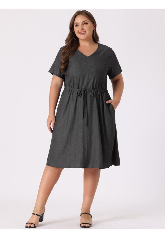 V Neck Short Sleeve A Line Flowy Midi Chambray Dress, Grey Black / Charcoal Grey, alternate image number 1